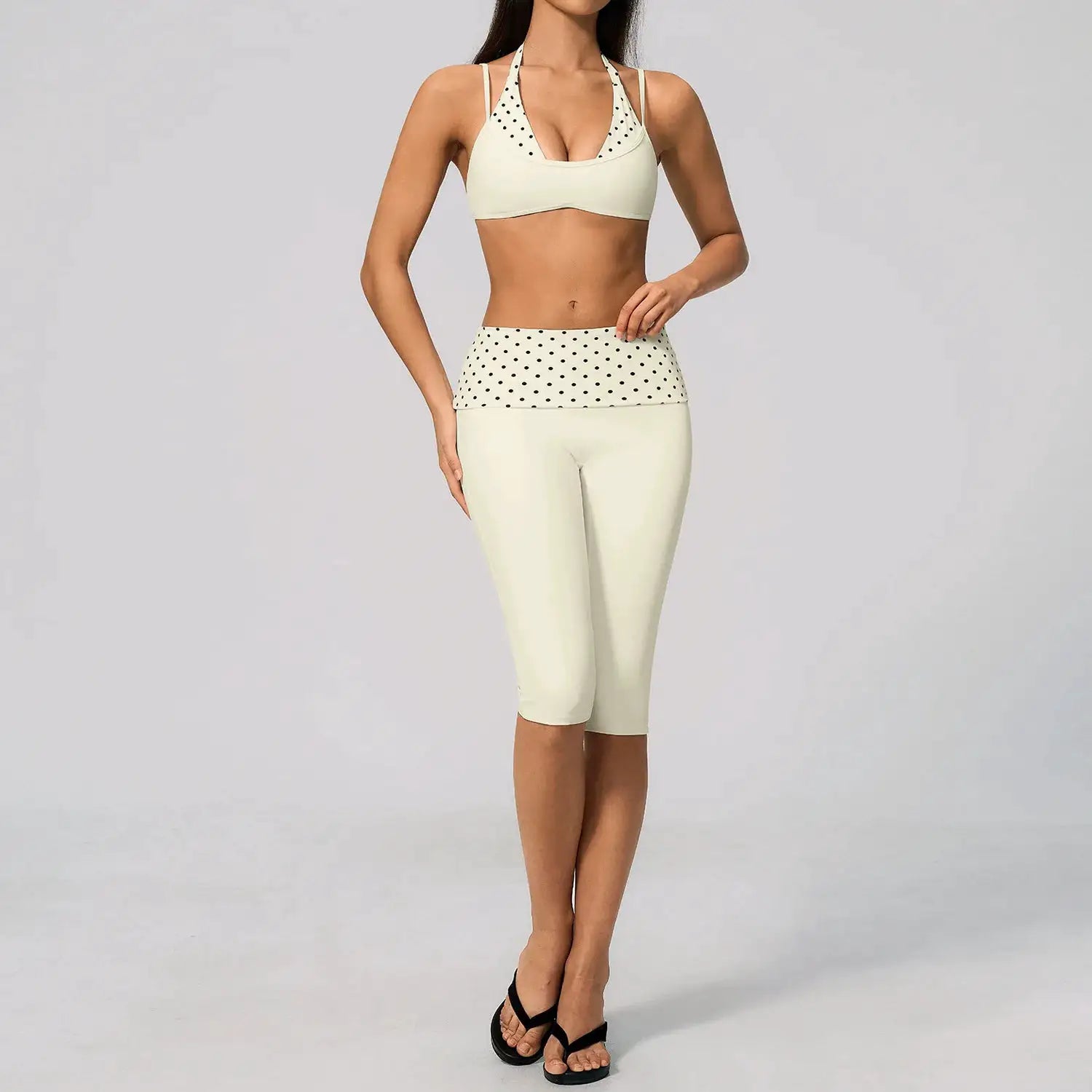 Women 2Pcs Yoga Set Halter Sports Bra Fold Over Waist Capri Leggings Striped Polka Dot Fitness Running Workout Gym Activewear