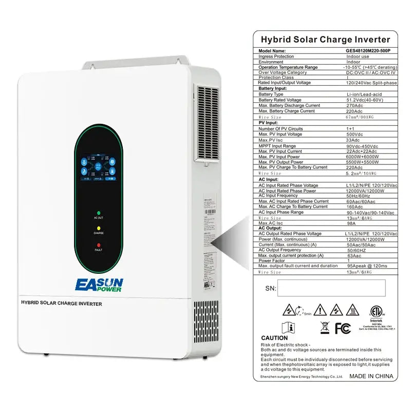 EASUN POWER 12KW 12000W Hybrid Soalr Inverter MPPT160A 500VDC PV Input 110VAC 48VDC Pure Sine Wave hybrid dual output 120V/220V parallel solar charging control for US