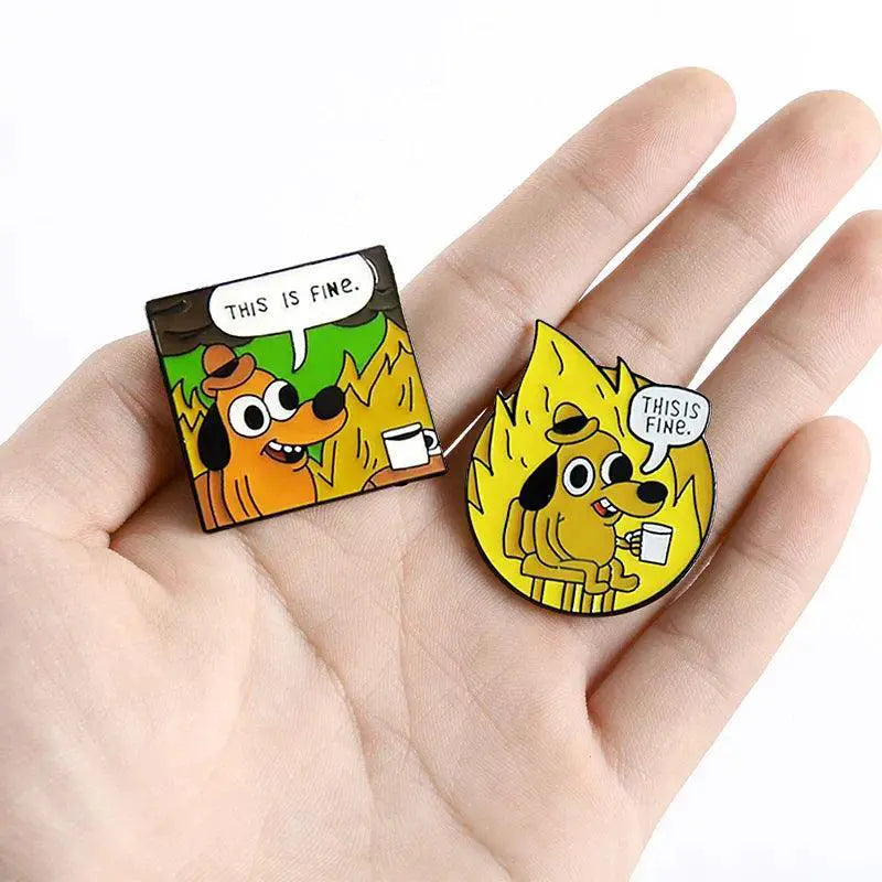 Yellow Anime This Is Fine Hound Dog Enamel Pin Collectible