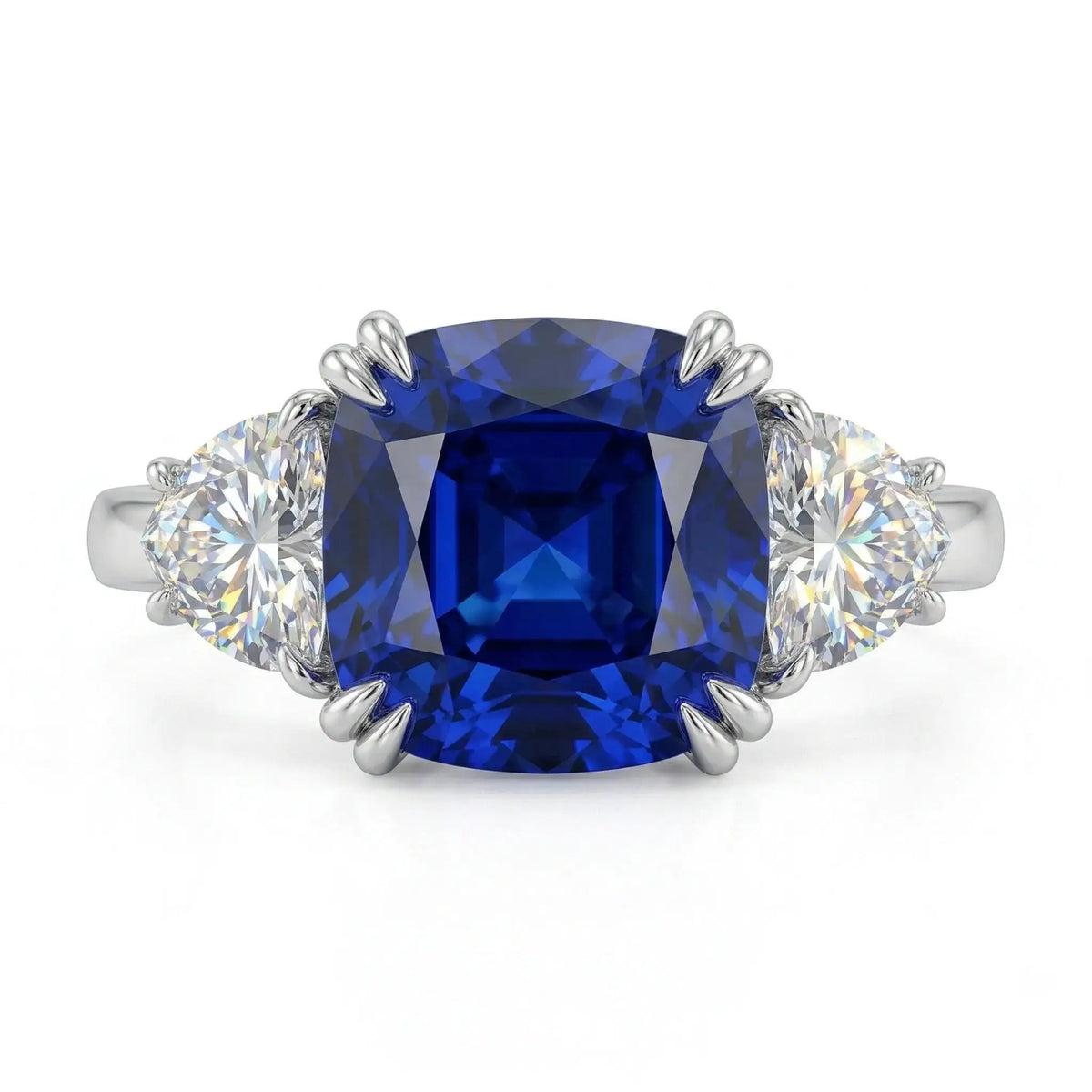 Royal Blue CZ Ring, Sterling , Three Stone Cushion Cut — product view 6