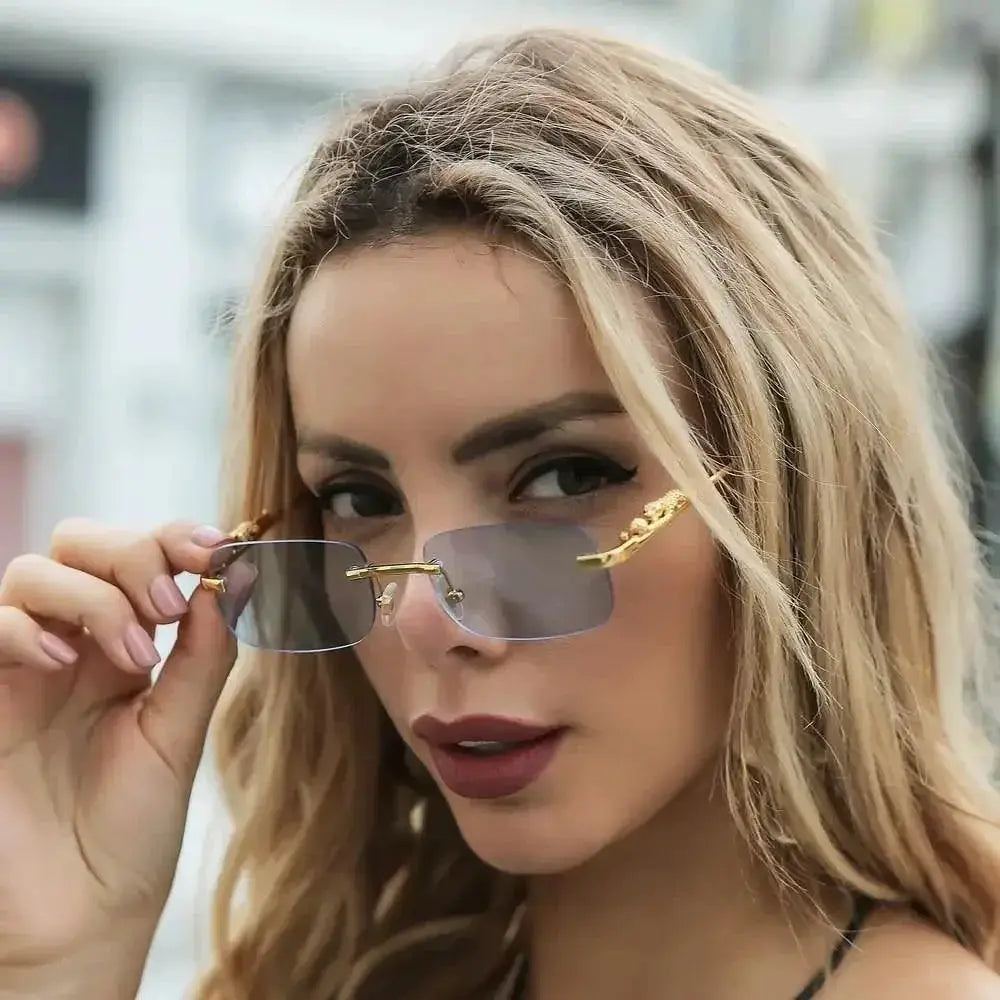 Rimless Square Sunglasses Unisex Golden Leopard Frame