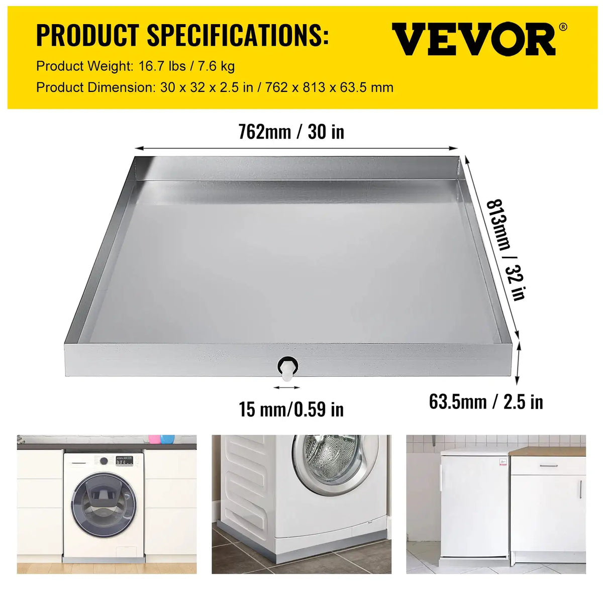 VEVOR Multi-Size Washing Machine Pan Stainless Steel Drip Drain — product view 8