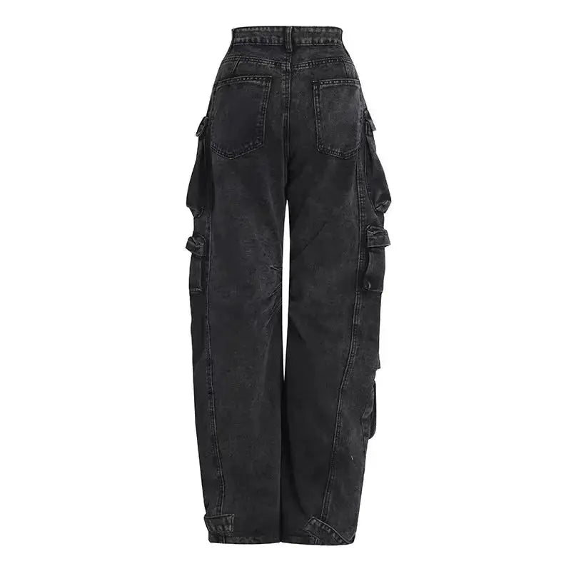 Street Trendy Womens Black Grey Multi Pocket Denim Pants
