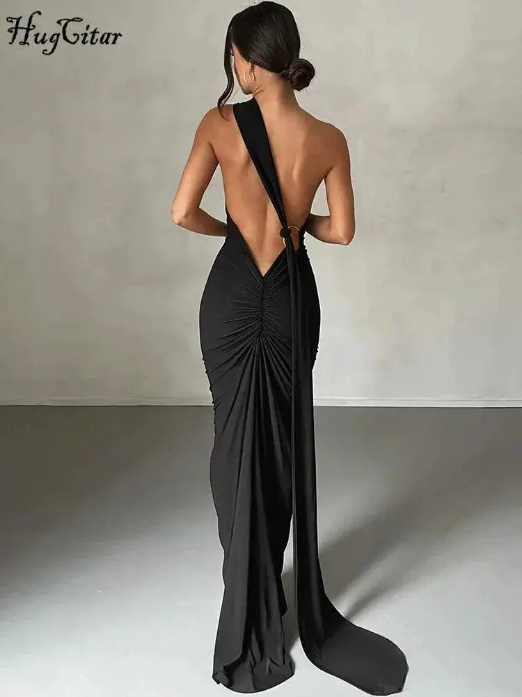 Elegant One Shoulder Backless Evening Gown Luxe Maxi Dress
