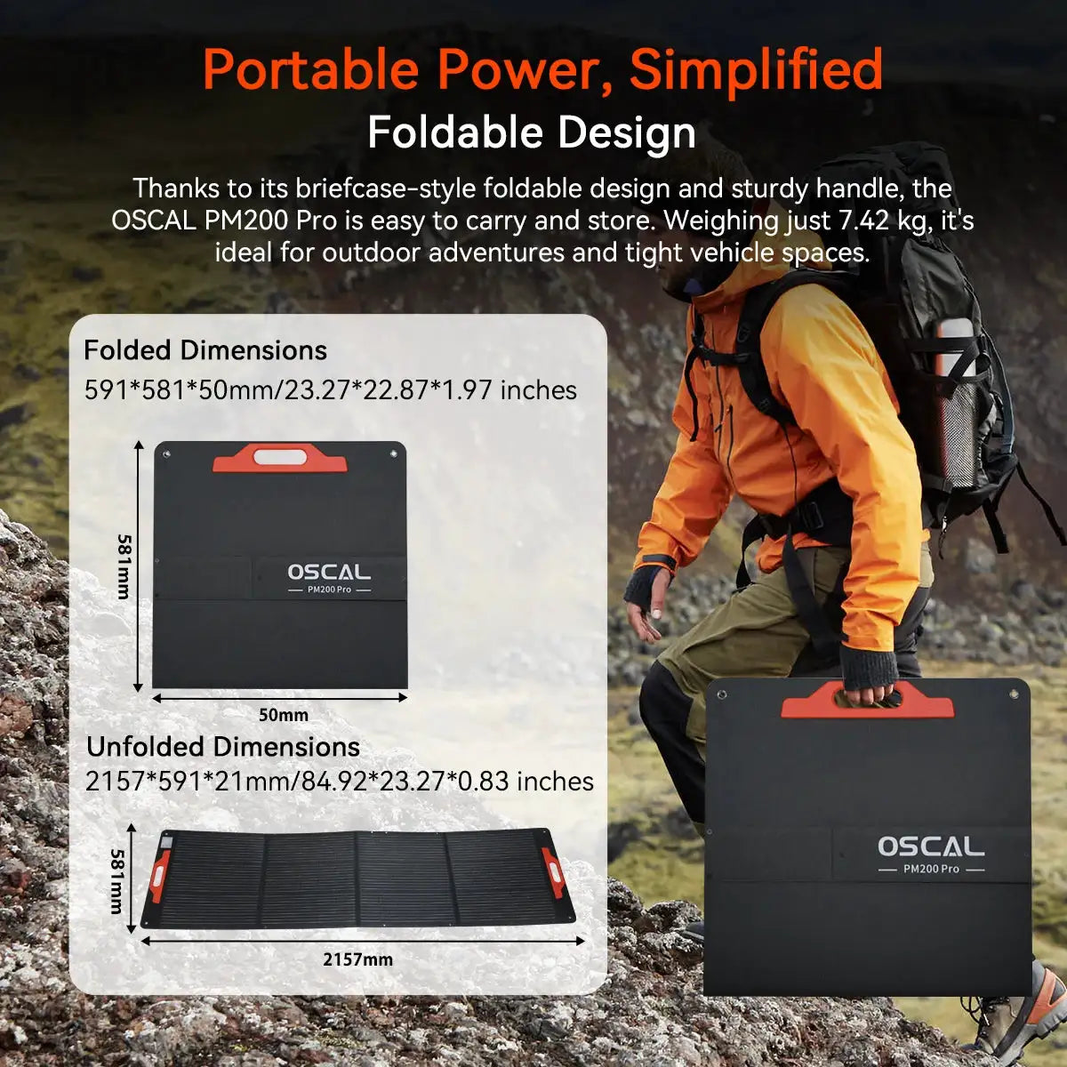 OSCAL 200W Portable Foldable Solar Panel Charger, 23% High Efficiency Monocrystalline ETFE, IP67 Waterproof Adjustable Kickstand, for Power Station RV Camping Home Emergency