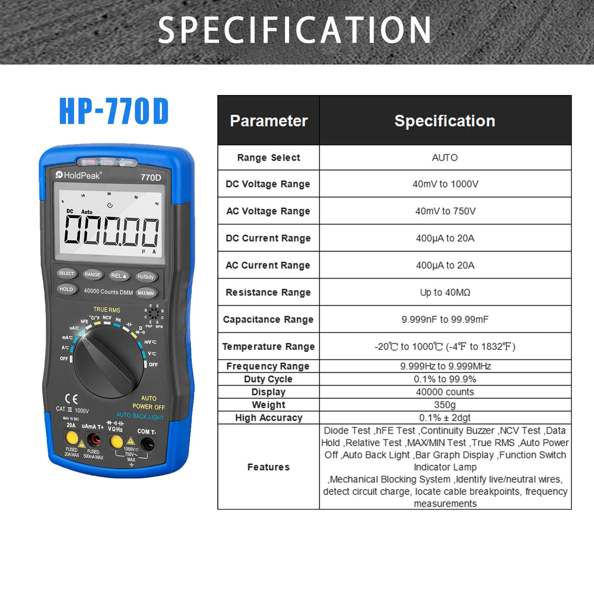 Digital Multimeter Auto Range TRMS DC AC Meters , Counts Tester — product view 7