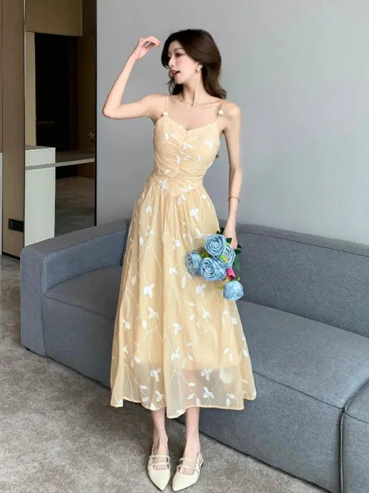 Summer Blossom Halter Dress Floral Midi Evening Wear