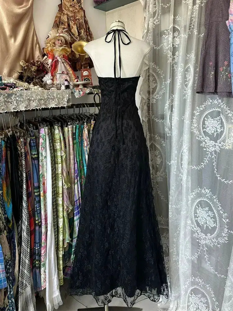 France Vintage Slim Slash Neck Sleeveless Dress Women Gothic Y2k V-neck Black Summer Dresses High Street Chic Skinny Clothing