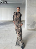 Kliou Mesh Vintage Prints Maxi Dress Women Sheer Long Sleeve Bodycon Party Dress