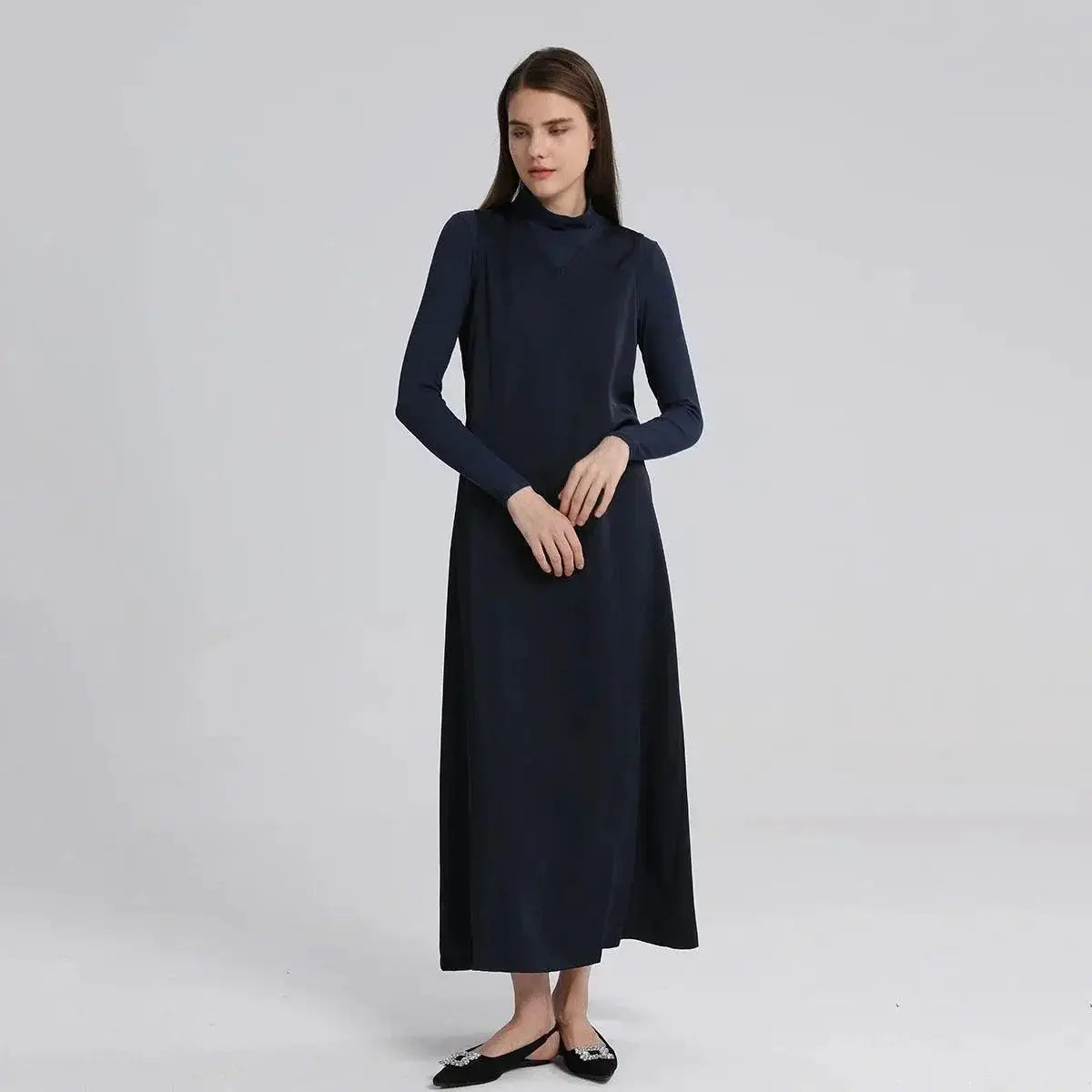 Satin Maxi Dress Silk Blend Elegance With V Neckline