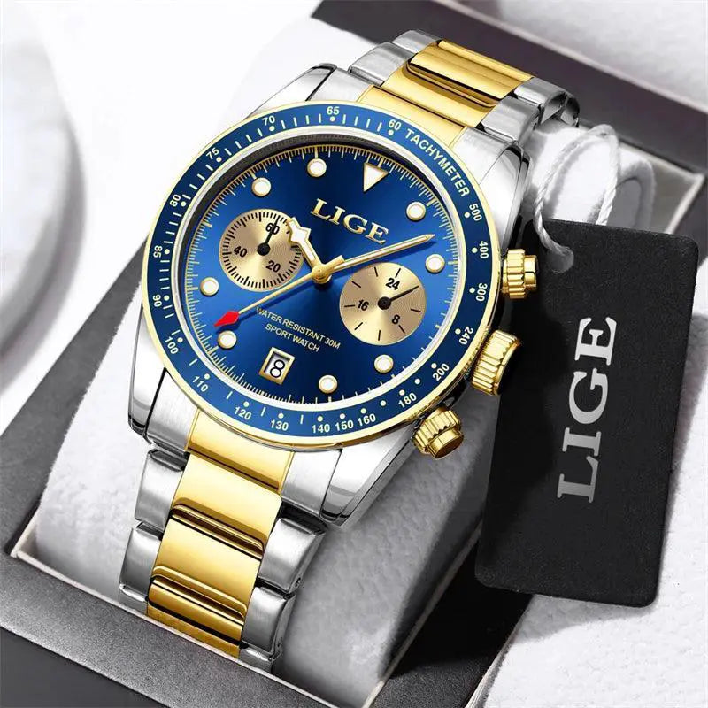 LIGE Stainless Steel Mens Quartz Watch Sleek Timepiece