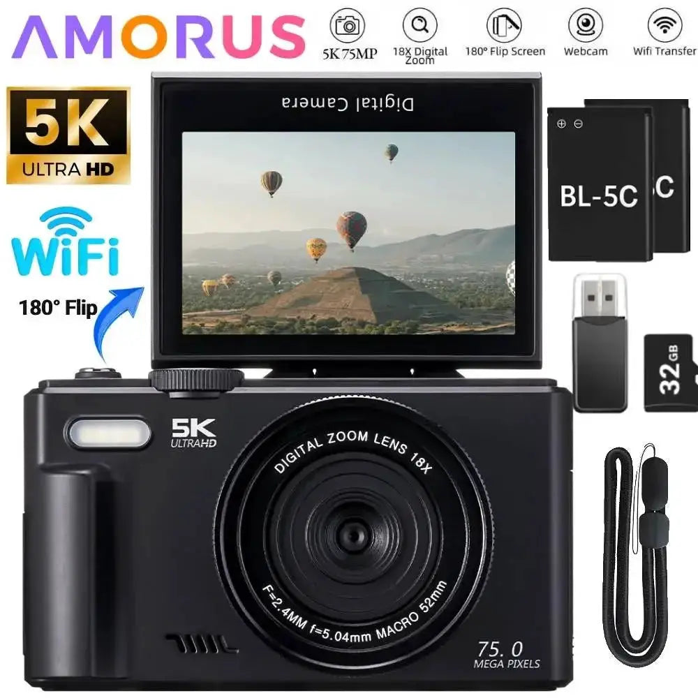 Amorus 75MP Digital Camera 5.7K Video 18x Zoom WiFi Vlog Camera - stepyours.com
