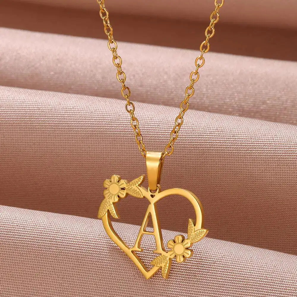 Golden Floral Heart Choker Necklace Alphabet Jewelry