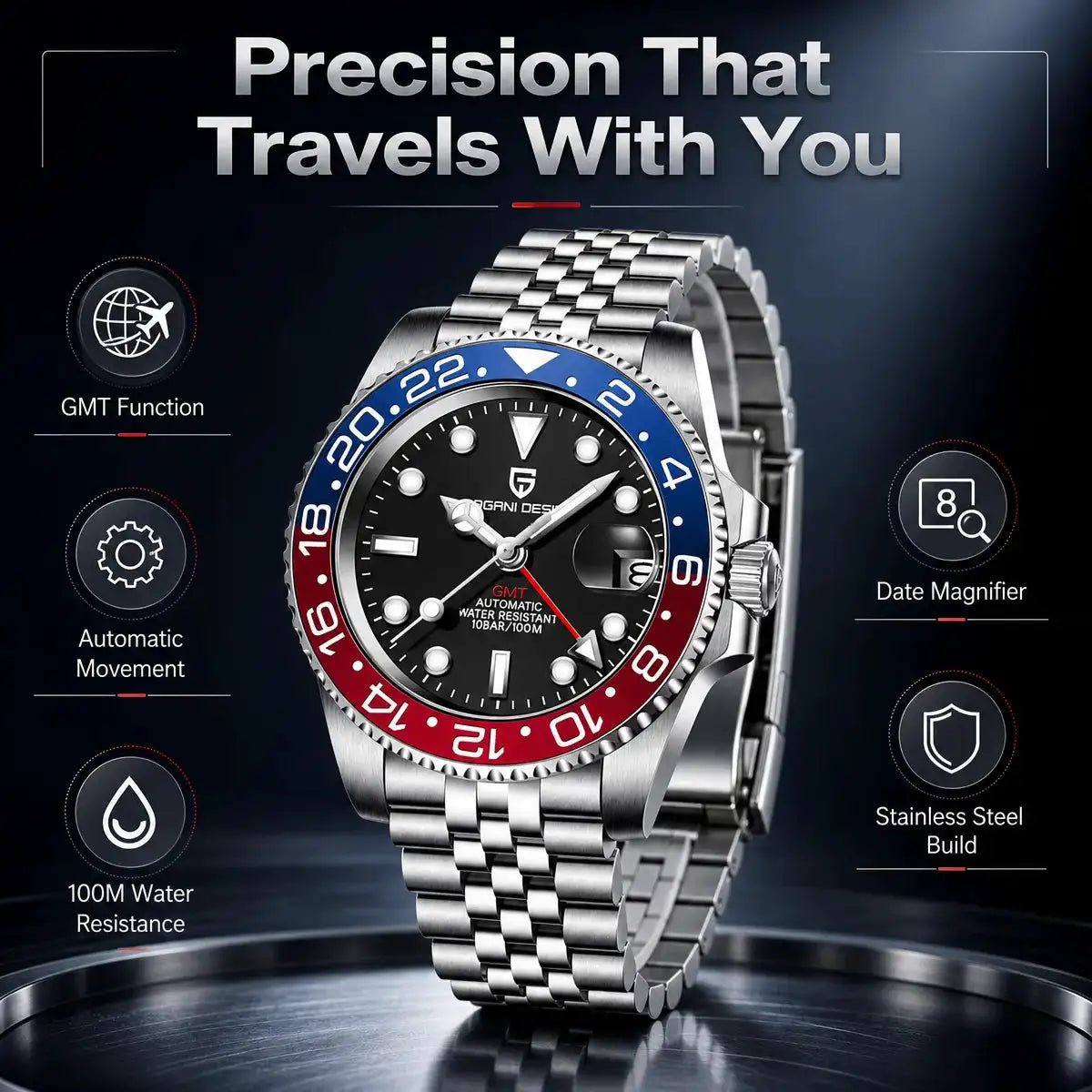 PAGANI DESIGN 40mm Luxury GMT Men Mechanical Watch Top Sapphire Glass 361L Stainless Steel 100m Waterproof Men's Automatic Mechanical Watches