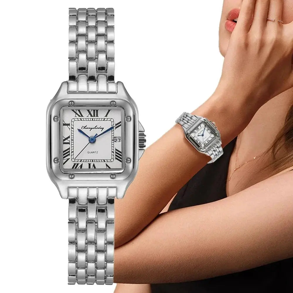 Square Roman Quartz Watch Stainless Steel Timepiece Gift
