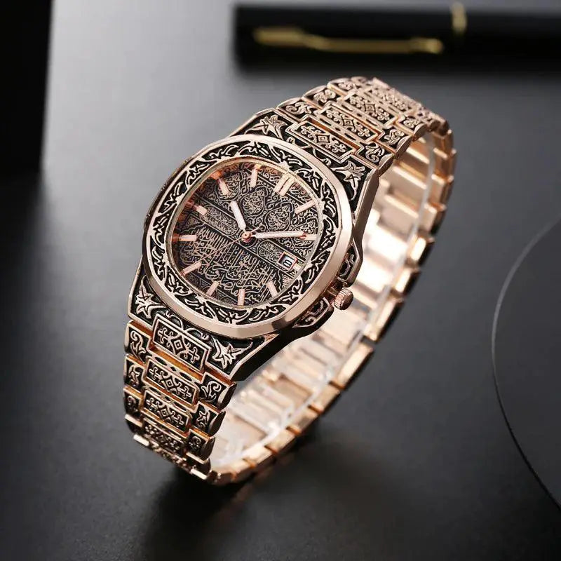 Vintage Floral Carved Mens Quartz Watch Timeless Timepiece