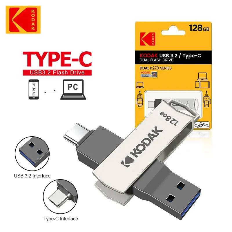 Kodak K273 128GB USB3.2 Type C OTG Dual Flash Drive 128GB USB3.2 Pendrive Metal U-disk for Smart Phone PC desktop Laptop macbook