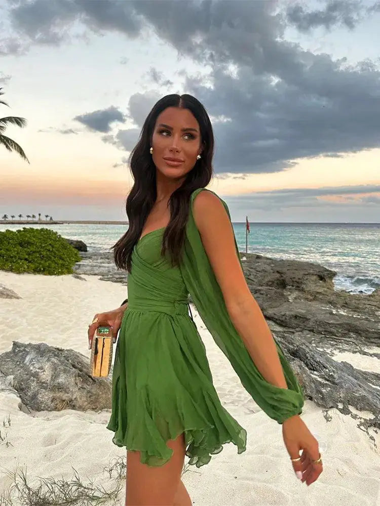 Green Mesh Lantern Sleeve Mini Dress With V Neck Chic