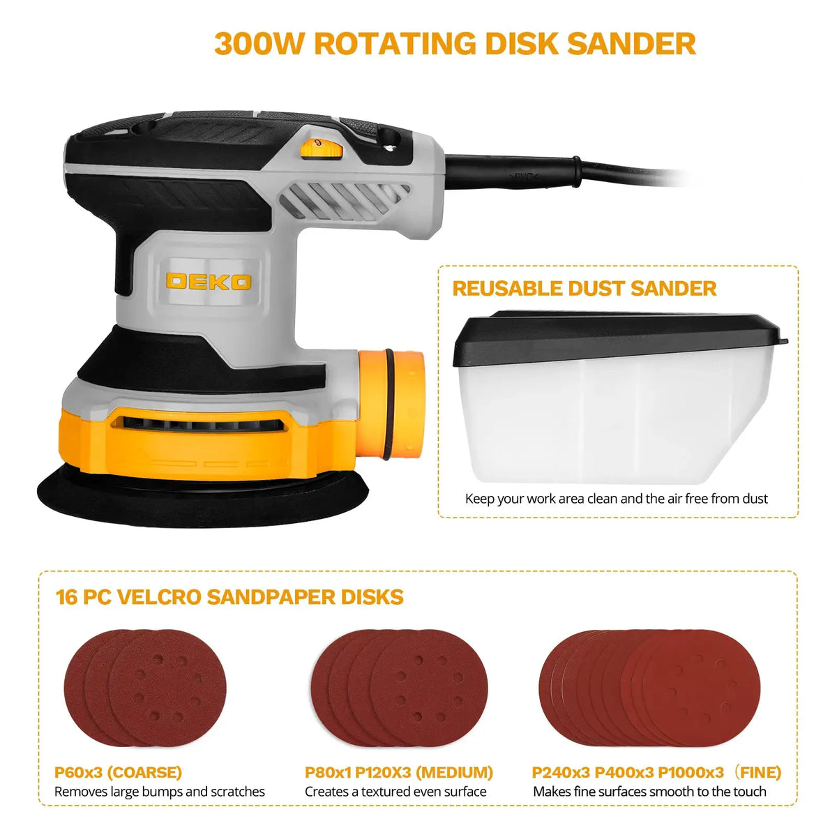 DEKO 14000RPM 16 Pieces Sandpaper 125 mm 300W Orbital Sander Sanding Pad Dust Collector for household Wood and Steel Surf