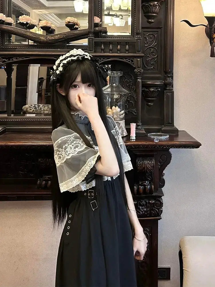 Summer Fashion Sweet Bow Stand Collar Vestidos Mujer Y2k Lace Short Sleeve Dress for Women New High Waist Dresses Chic