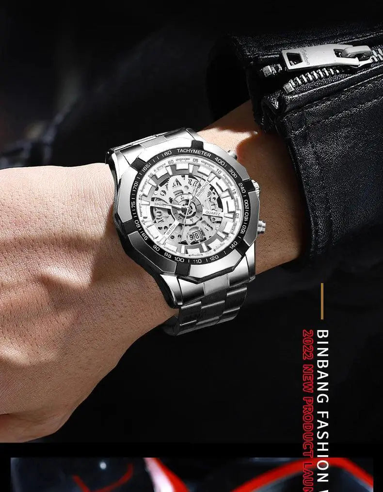 Luxury Blue Dial Stainless Steel Mens Watch Hollow Design