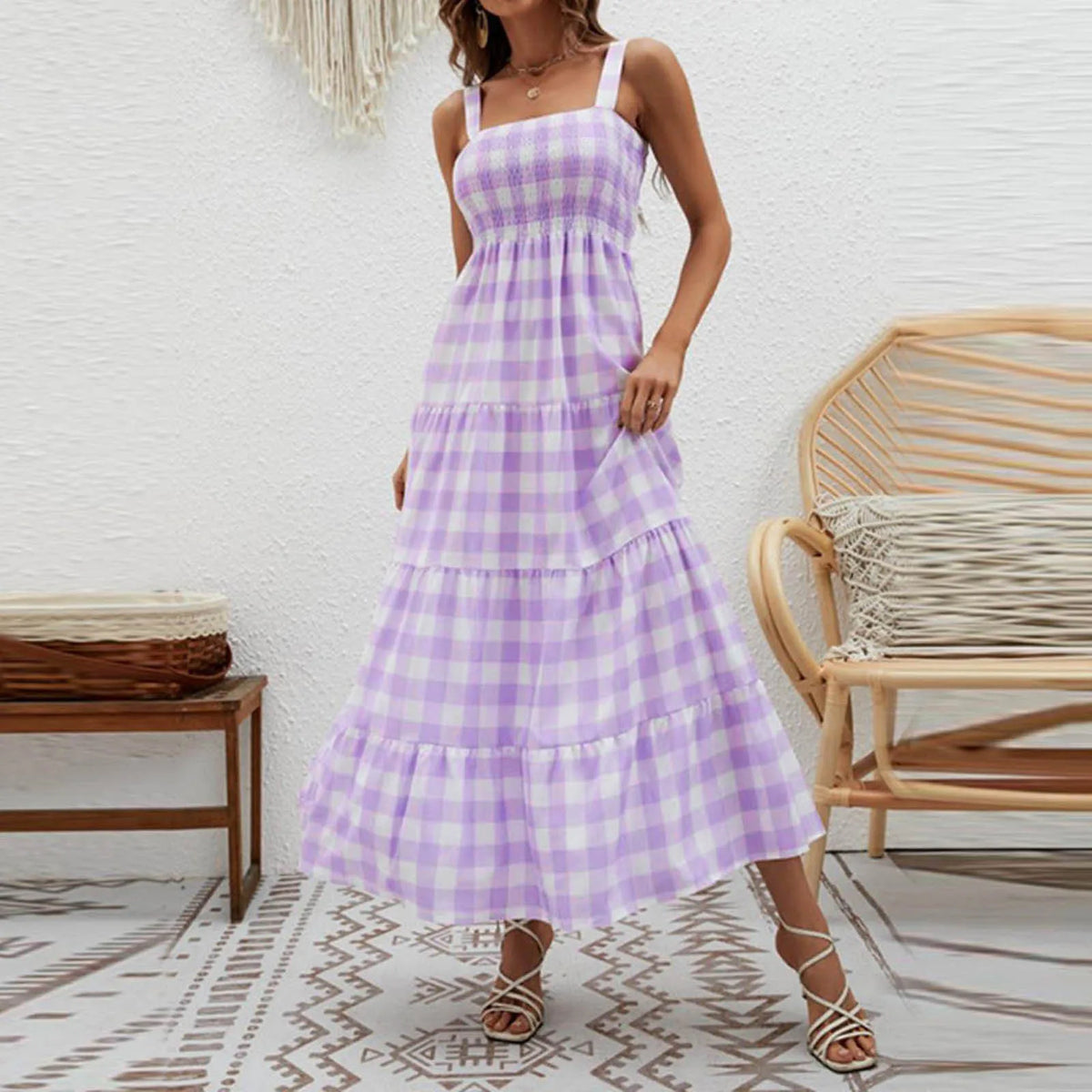 Plaid Sleeveless Vacation Maxi Dress