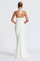Mozision Deep V Neck Draped Maxi Dresses for Women Halter Backless Club Elegance