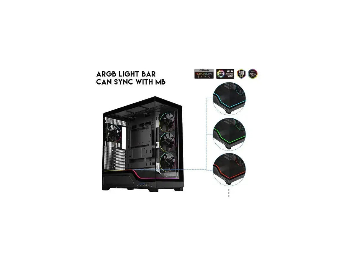 DIYPC IDX5-BK-ARGB Black Dual USB3.0/Type C Tempered Glass ATX Gaming Computer Case w/ Frameless Dual Tempered Glass Panel and 4 x ARGB PWM Ring Fans and Integrated ARGB Lighting Bar (Pre-Installed)