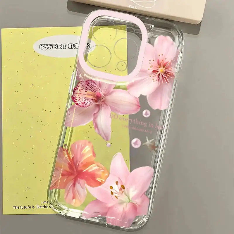 Pink Lily Flower Pattern Phone Case For iPhone 18 16 17 16e 15 14 13 12 11 Pro Max X XR XS Max 7 8 Plus Transparent Soft Cover