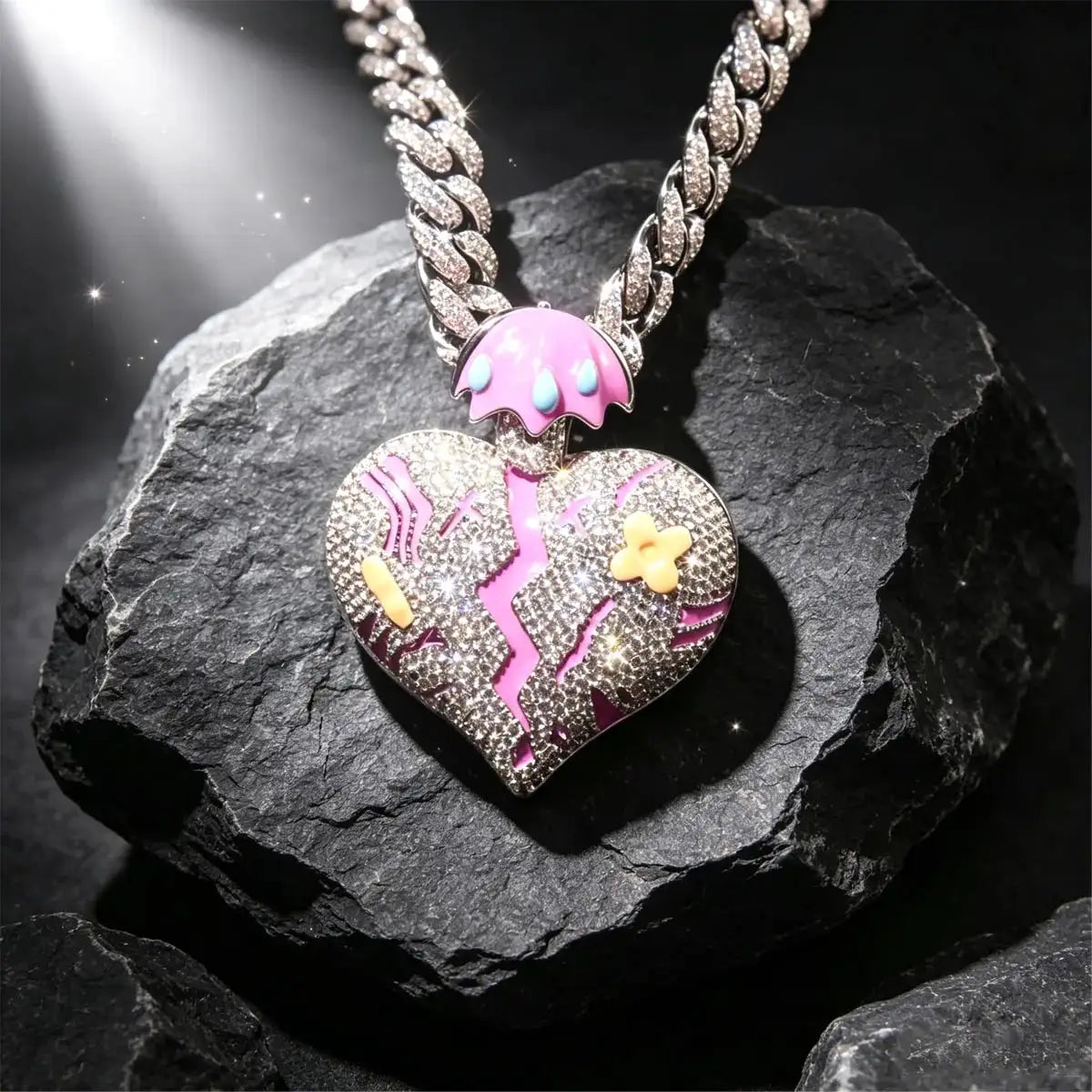 Gold Plated Broken Heart Charm Hip Hop Cuban Chain Necklace — product view 6