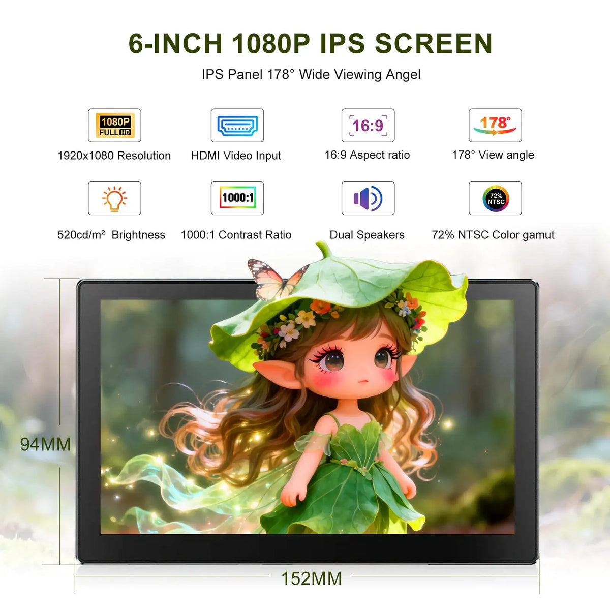 Unew Premium 6 inch 1920x1080 60Hz Mini Monitor - Portable Second Screen for Computer, Car & DIY System 【USA Warehouse】