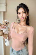 Elegant Lace Trim Nightwear Stylish Long Sleeve Top Chic