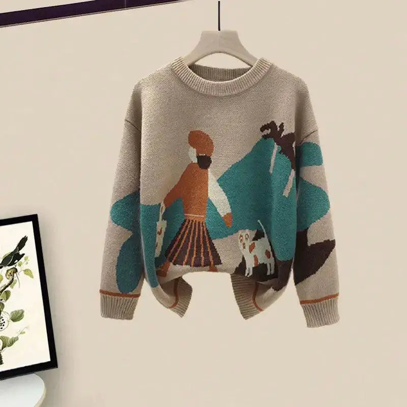 Winter Cartoon Print Knit Sweater And Skirt Set Chic Party
