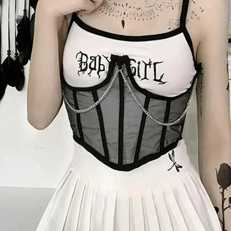 Punk Metal Chain Bustier Corset With Lace Edgy Waist Cinch