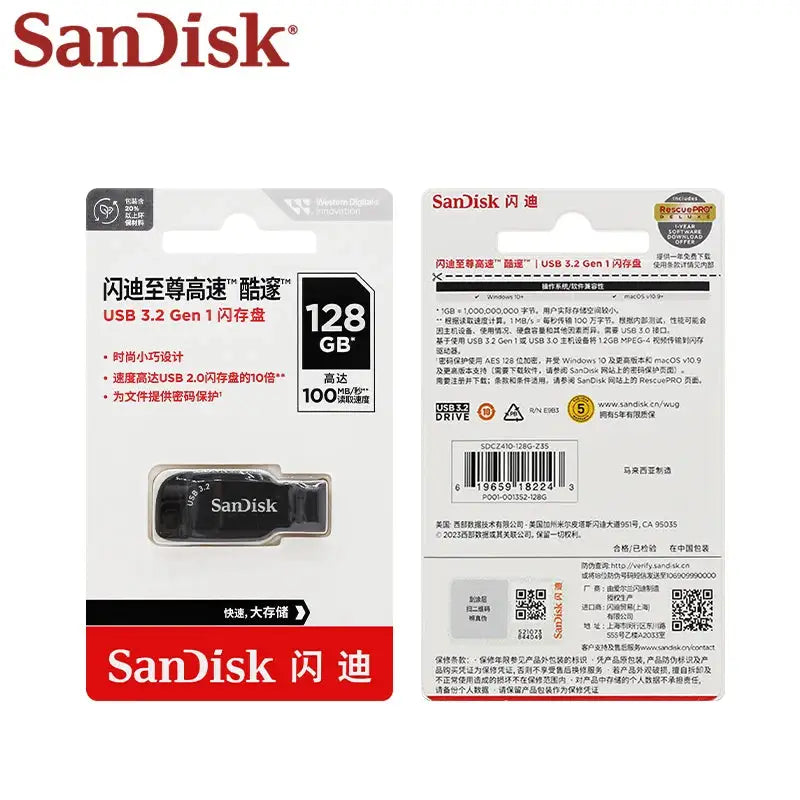 SanDisk Ultra Shift USB 3.2 Pen Drive CZ410 32GB 64GB 128GB 256GB Max 100Mb/s Flash Drive for Computer Memory Stick U Disk