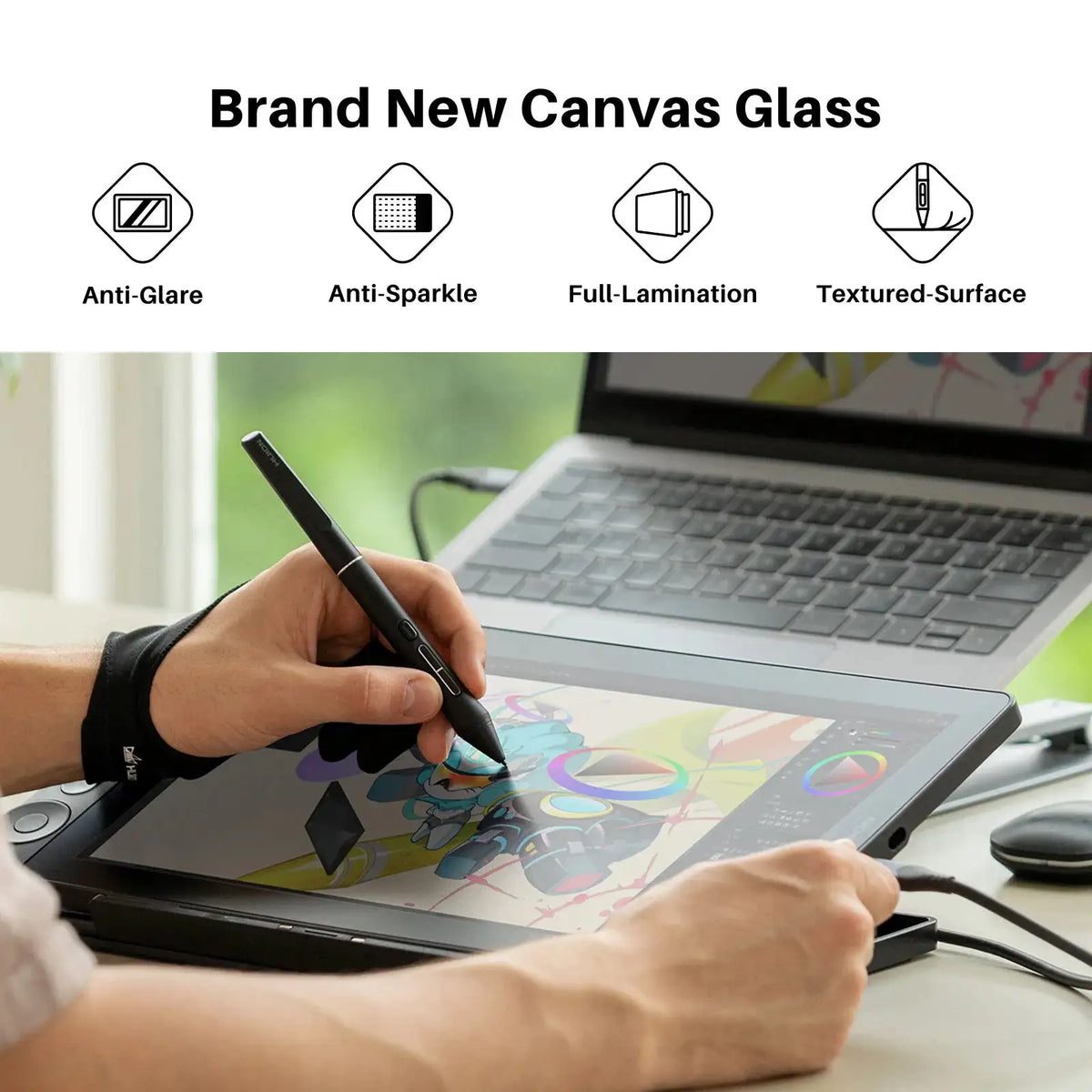 HUION Drawing Tablet with Screen, 13.3-inch Full-Laminated Art Tablet with Anti-Sparkle Canvas Glass, 99% SRGB