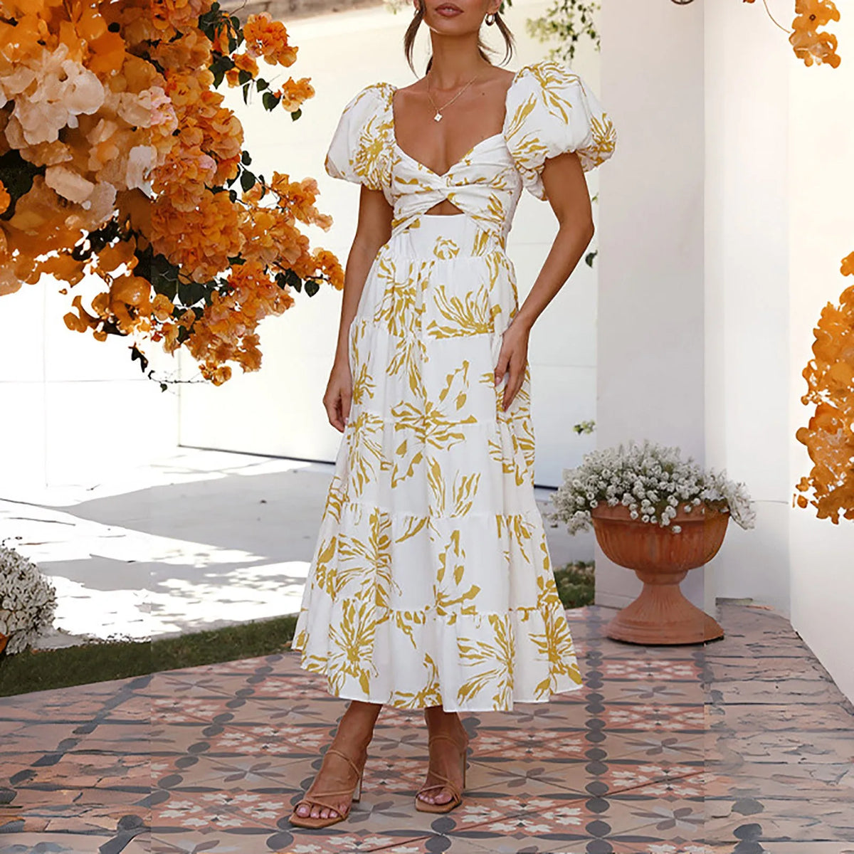 Floral Cutout Puff Sleeve Dress