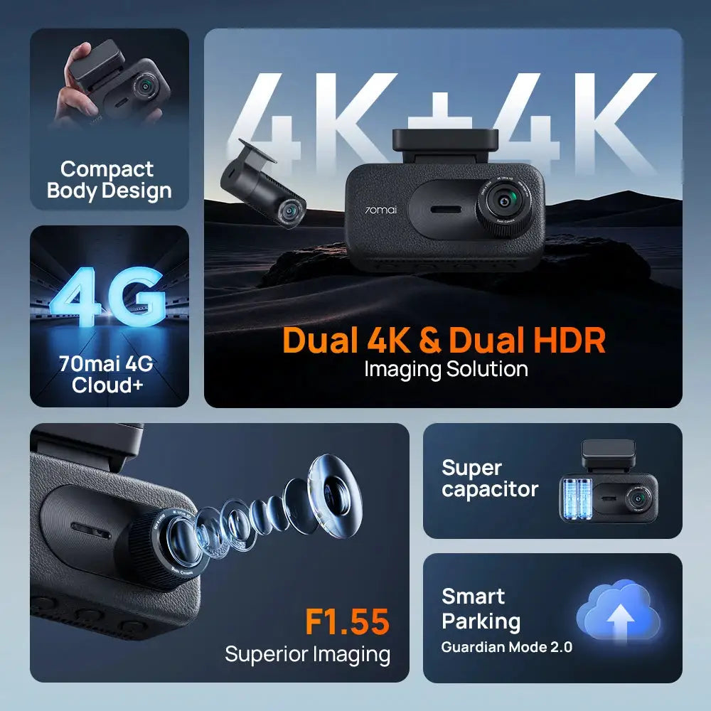 【New】70mai Dash Cam A900 Front Rear Dual 4K HDR f/1.55 Supercapacitor Wi-Fi 6 GPS Upgraded 4G Box UP11 Car Camera 70mai A900