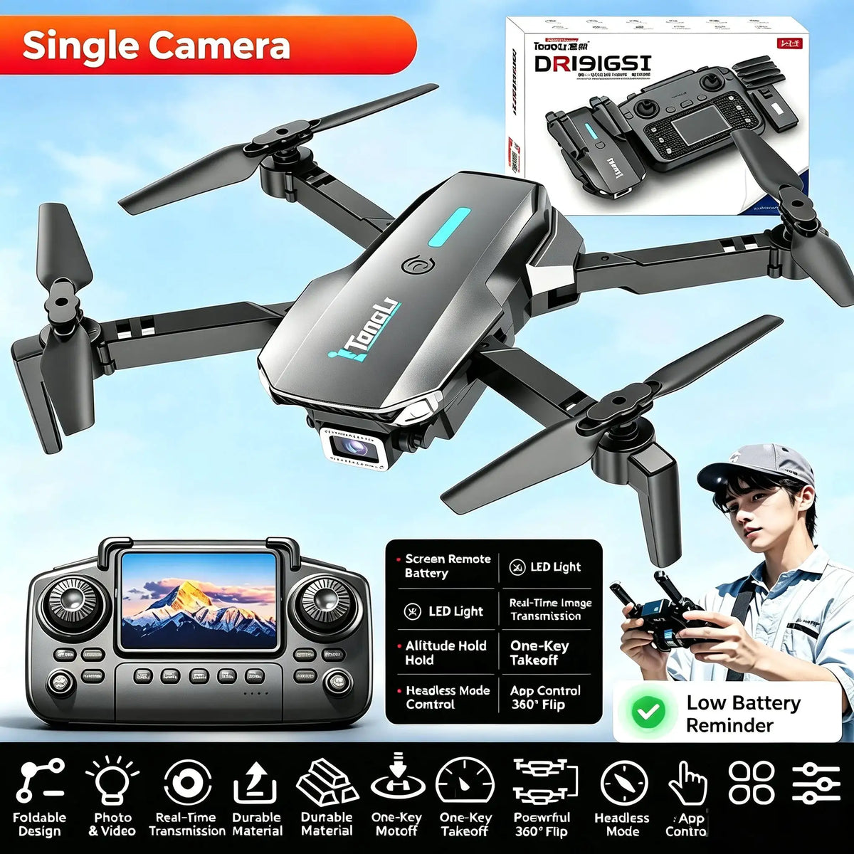 TONGLI Foldable Drone RC Quadcopter with Large‑Screen Remote — product view 6