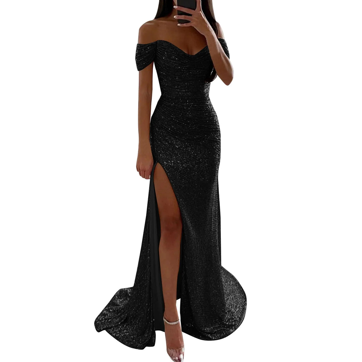 Off Shoulder Sequin Slit Dress