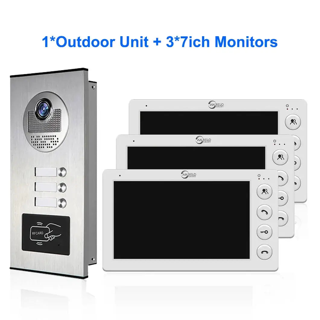 ANJIELO 3 Unit Home Video Intercom for Apartments Residential Intercom Doorbell Video Door Phone System with RFID Card Unlock