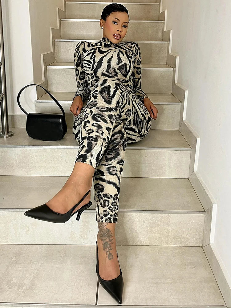 Long Sleeve Leopard Jumpsuit