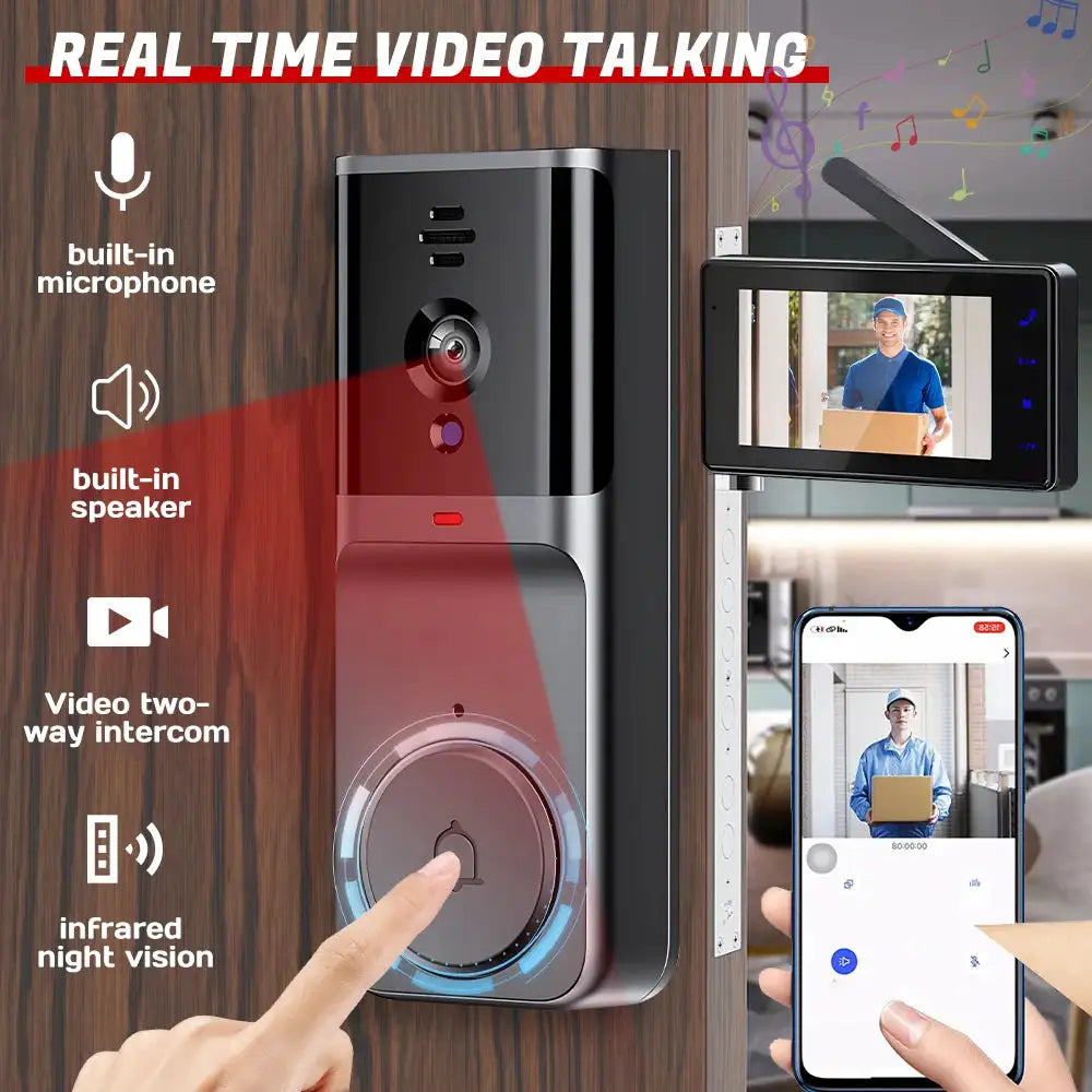 4.3" HD IPS Screen Wireless Visual Intercom Doorbell, 2.4G Smart Video Doorbell Camera 2-Way Talk Audio, Clear Night Vision Low Consumption Long Standby No WiFi Needed Household Home Security Monitoring System