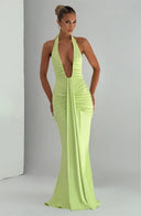Mozision Deep V Neck Draped Maxi Dresses for Women Halter Backless Club Elegance