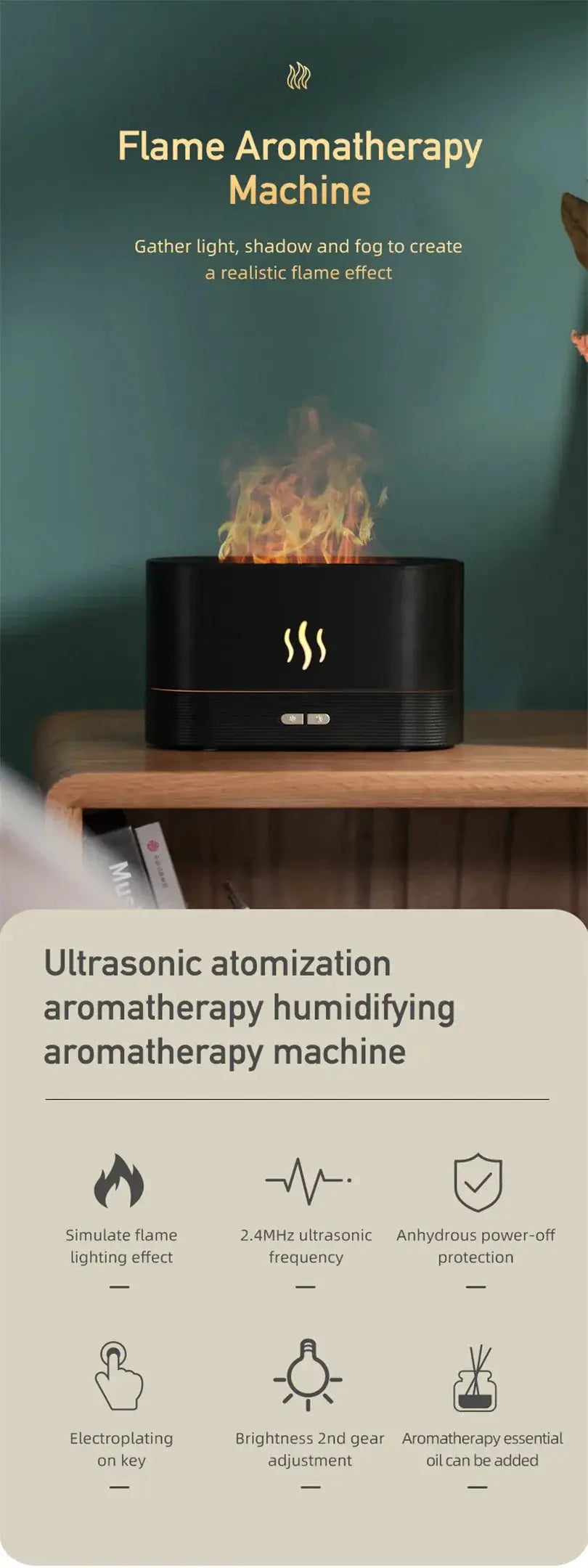 Ultrasonic Aroma Diffuser With Colorful Flame Simulation