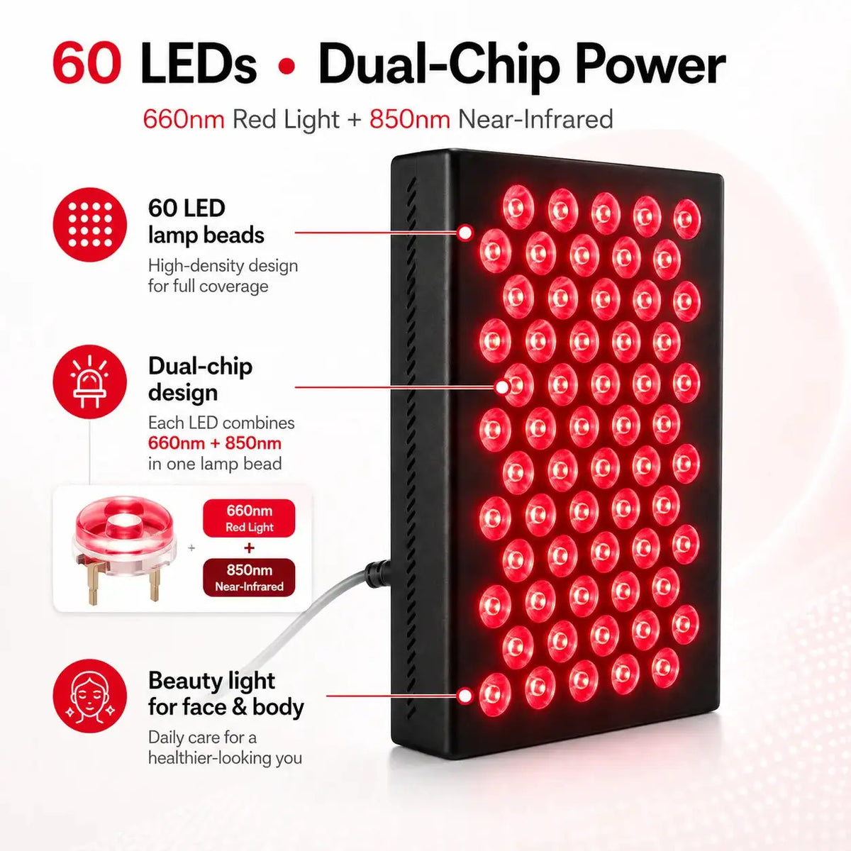 60 Dual‑Chip LEDs 660nm 850nm Red Near Infrared Light Therapy Panel Pulse Mode Beauty Device