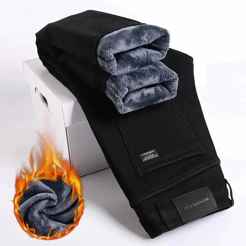 Winter Fleece Thick Warm Mens Slim Straight Denim Pants