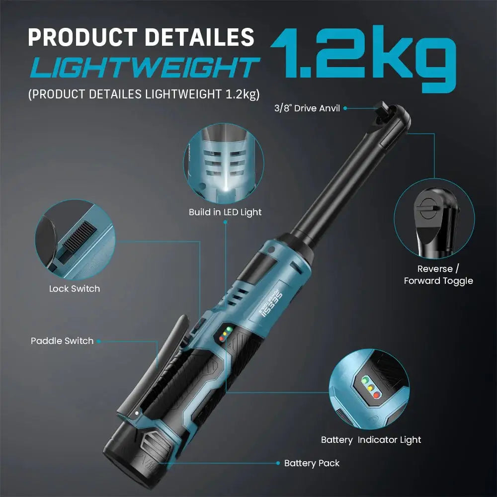 SEESII 3/8" Cordless Electric Wrench 55Nm 6'' Extended Ratchet Wrench 12V Rechargeable Angle Wrench Car Repair Tools with 2pcs Batteries