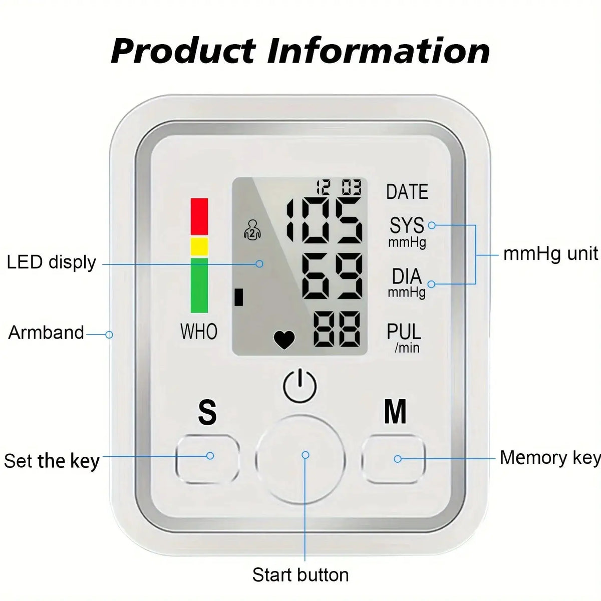 Upper Arm Automatic Blood Pressure Monitor BP Sphygmomanometer Pressure Meter Tonometer for Measuring Arterial Pressure