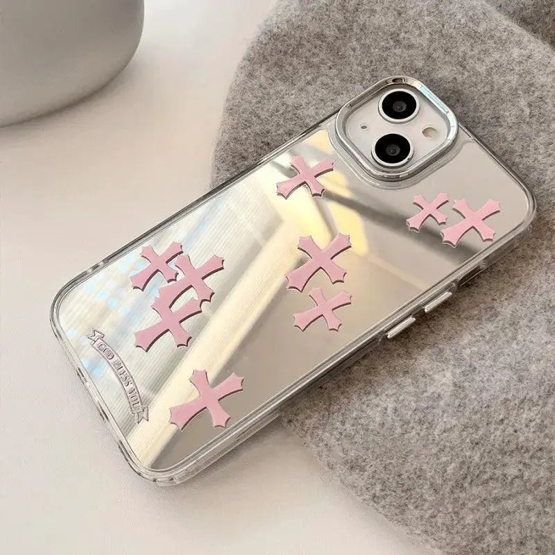 Luxury Pink Jesus Cross Mirror Face Case for IPhone Pro Max